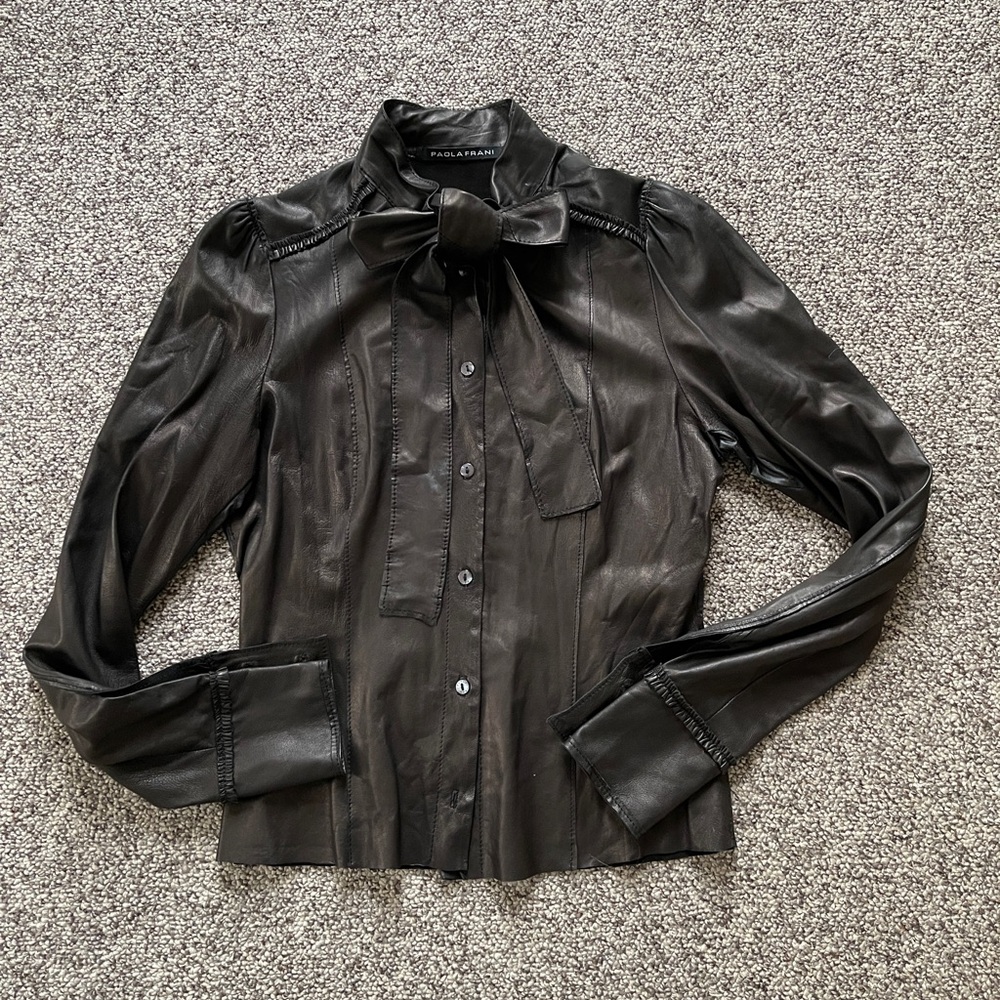 Paola Frani Bow Neck Ruffle Sleeve Black Leather Blouse Top 42 US 2 4